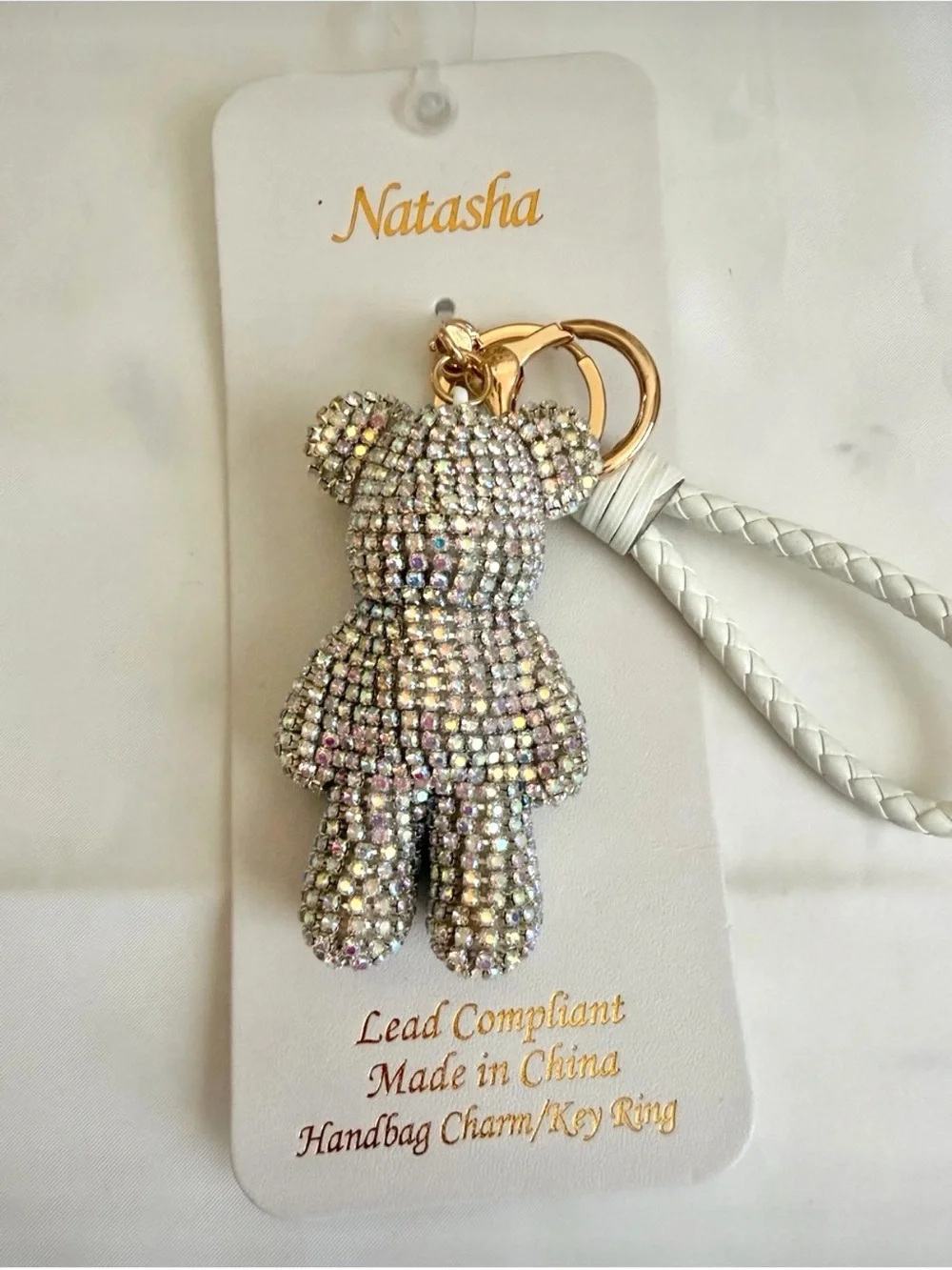 Natasha Couture Crystal Bear Bag Charm - Silver Iridescent Keychain New